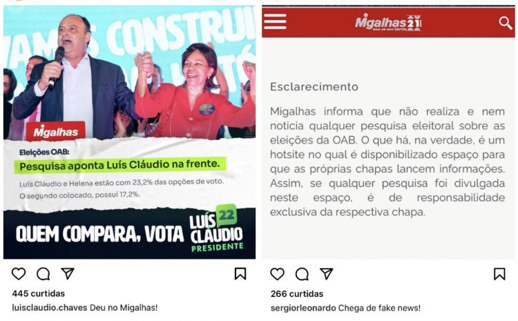 FALTA DE ÉTICA: Chapa da situação na OAB-MG divulga fake news sobre pesquisa no site Migalhas