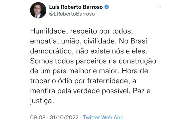  Ministro do STF prega união com Lula eleito: “Hora de trocar ódio por fraternidade”