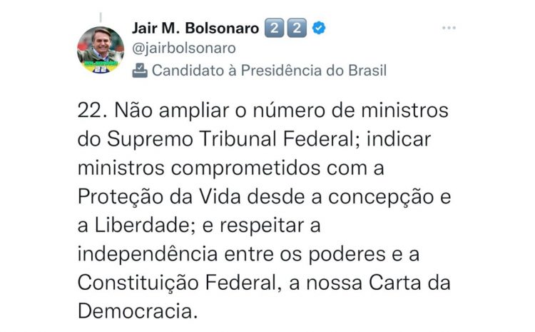 Bolsonaro promete não ampliar número de ministros do STF se for reeleito presidente