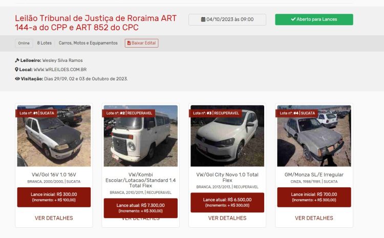  26º Leilão Eletrônico do TJRR: Oportunidade de adquirir veículos e bens penais em Roraima