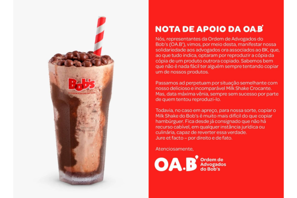  Bob’s é alvo de críticas da advocacia ao fazer graça com a ‘OA.B’ e não oferecer milk shake gratuito